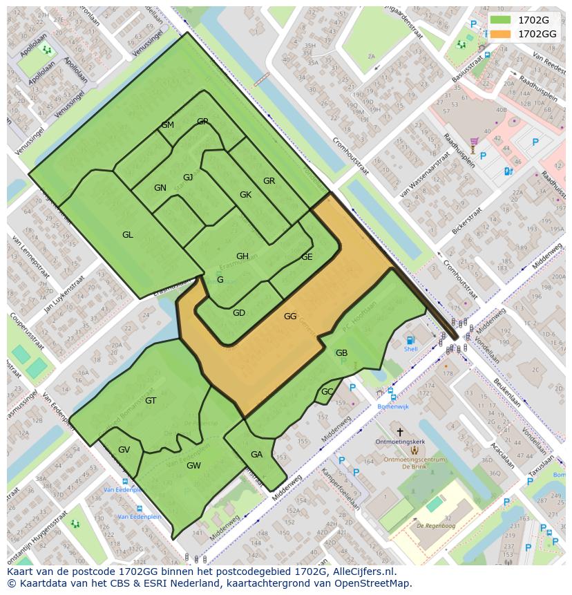 Afbeelding van het postcodegebied 1702 GG op de kaart.