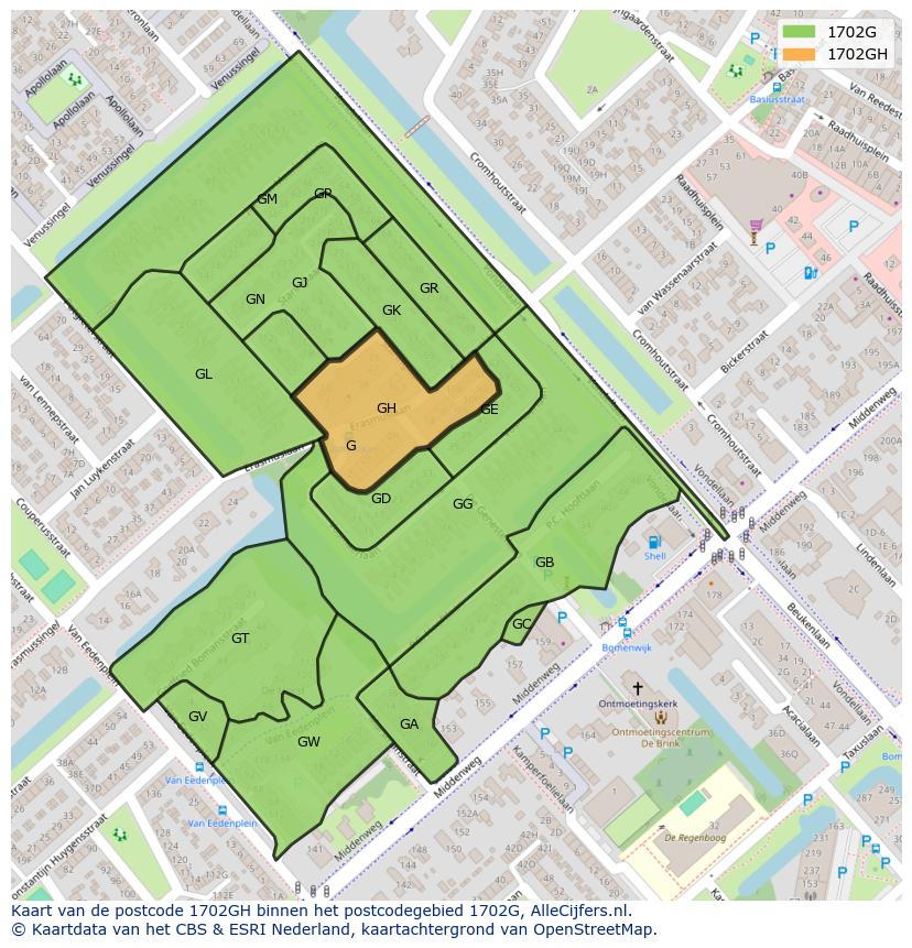 Afbeelding van het postcodegebied 1702 GH op de kaart.