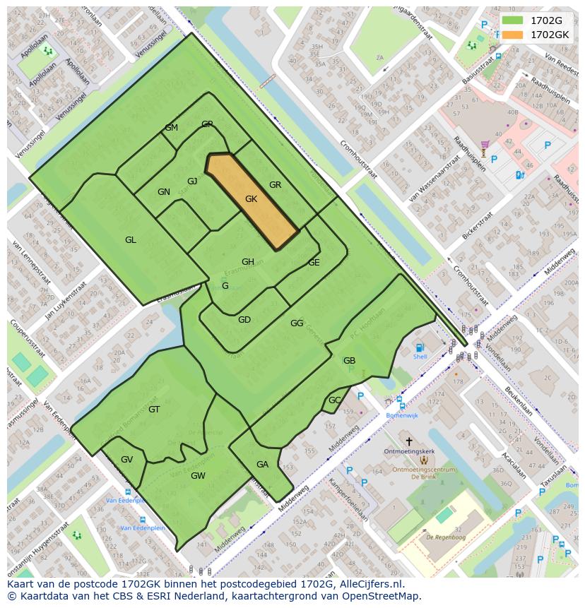 Afbeelding van het postcodegebied 1702 GK op de kaart.