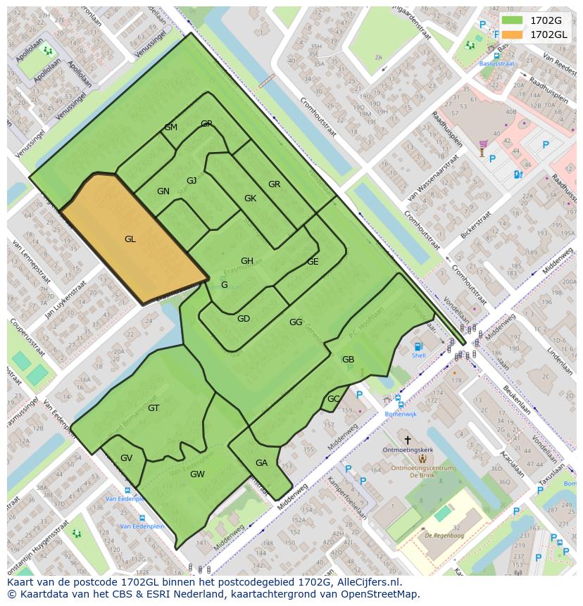 Afbeelding van het postcodegebied 1702 GL op de kaart.