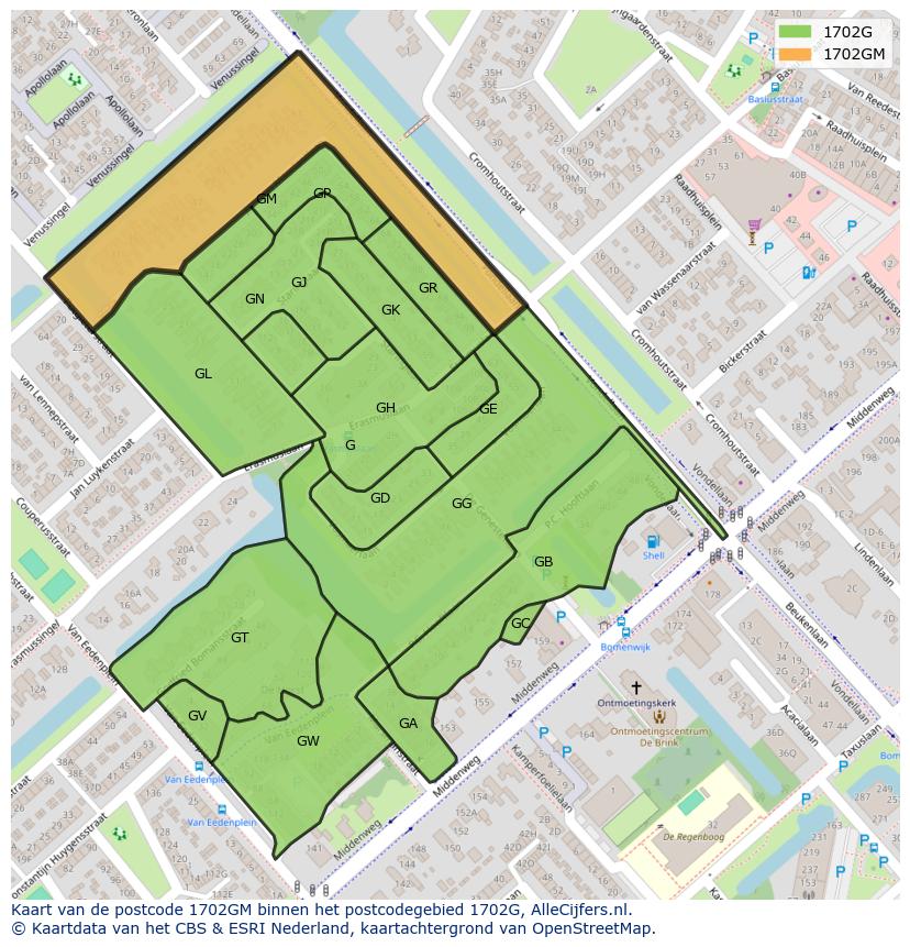 Afbeelding van het postcodegebied 1702 GM op de kaart.