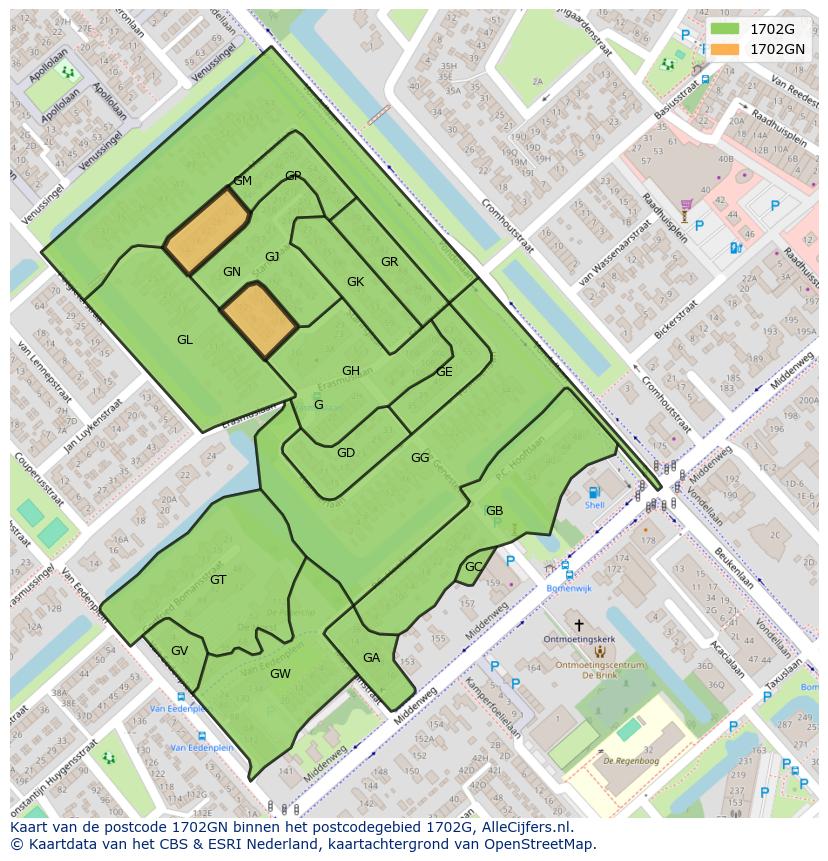 Afbeelding van het postcodegebied 1702 GN op de kaart.
