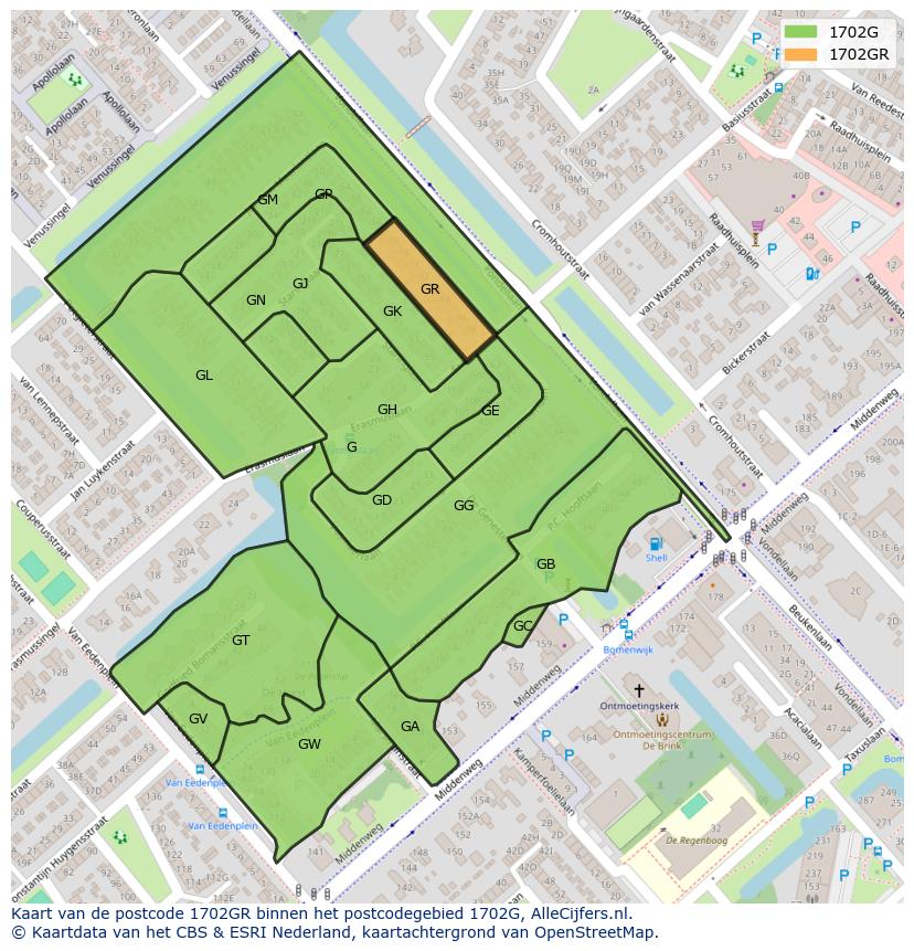 Afbeelding van het postcodegebied 1702 GR op de kaart.