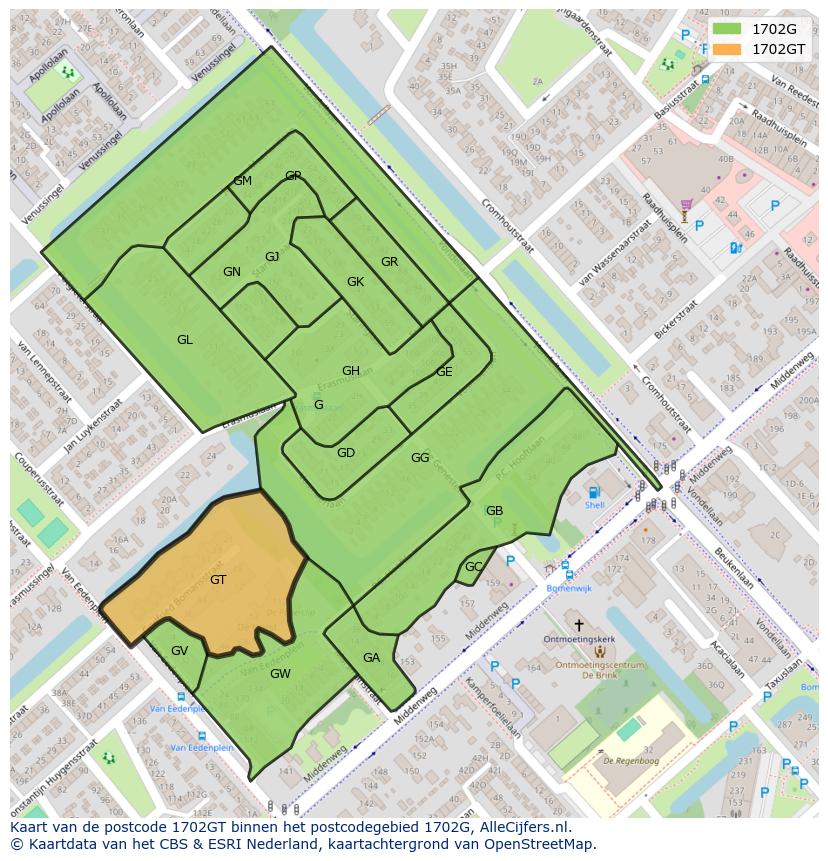 Afbeelding van het postcodegebied 1702 GT op de kaart.