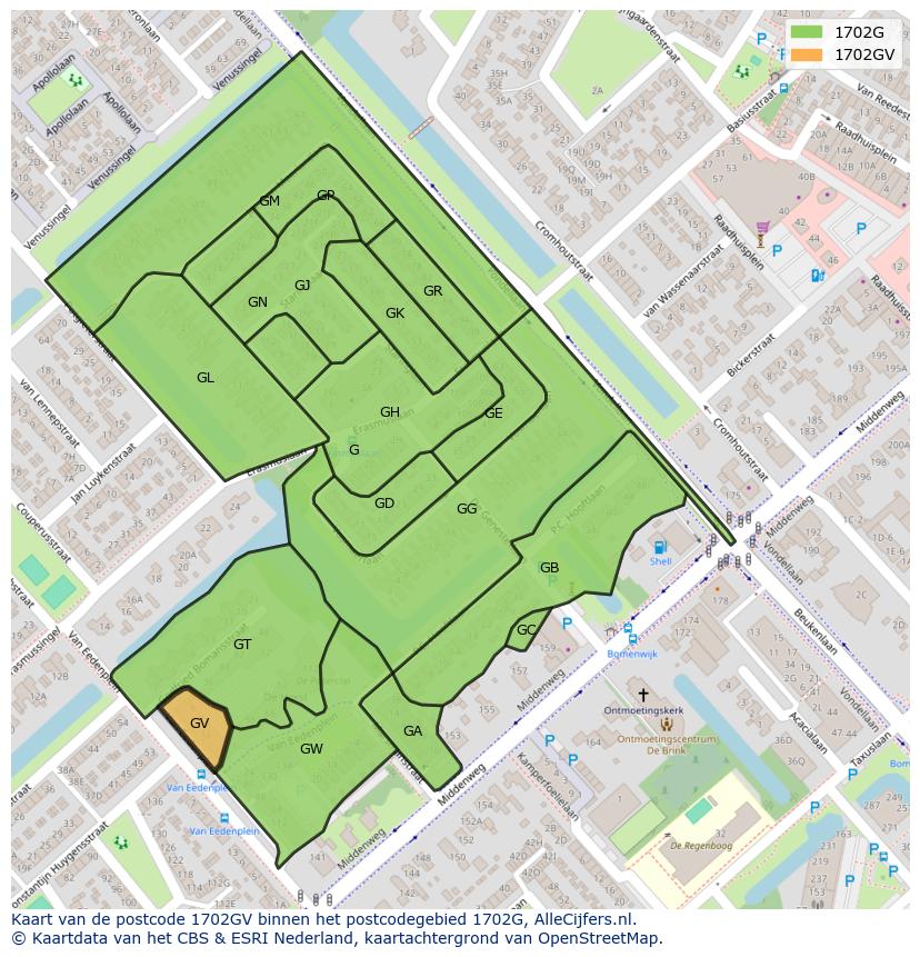 Afbeelding van het postcodegebied 1702 GV op de kaart.