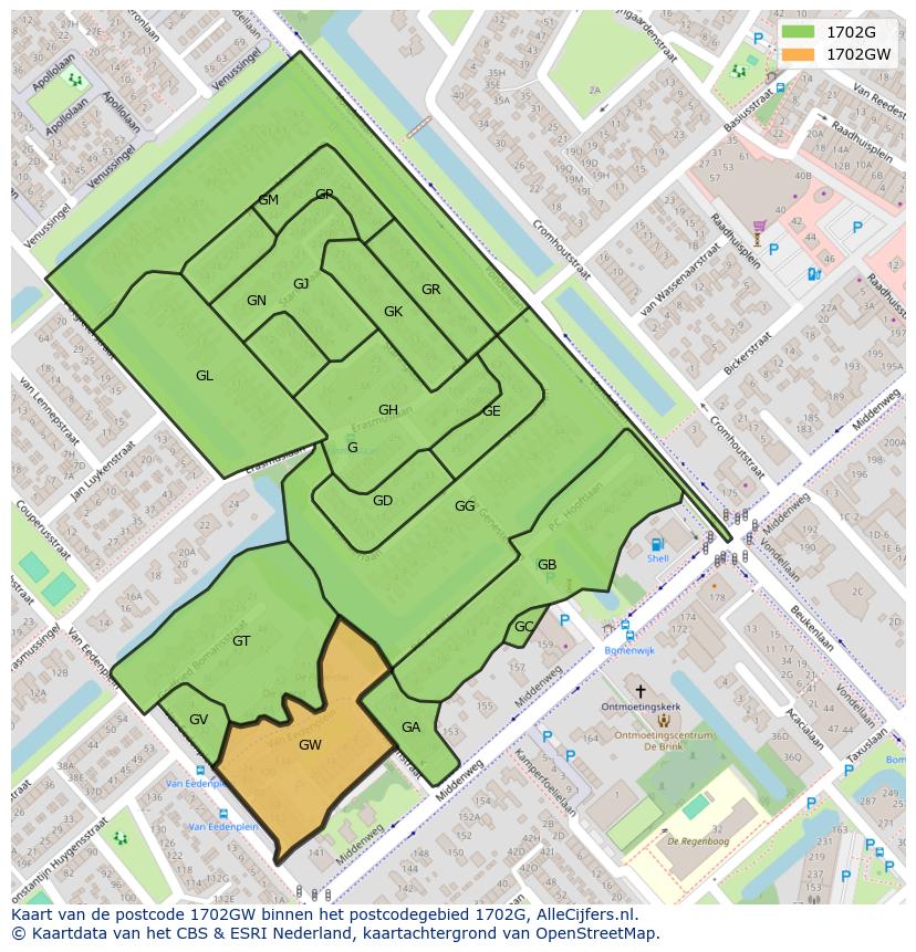 Afbeelding van het postcodegebied 1702 GW op de kaart.