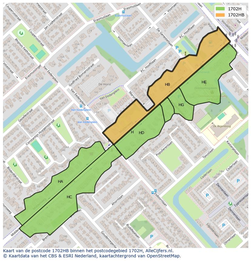 Afbeelding van het postcodegebied 1702 HB op de kaart.