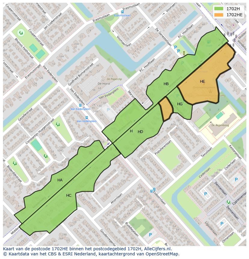 Afbeelding van het postcodegebied 1702 HE op de kaart.