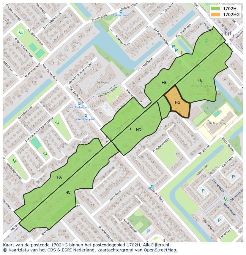 Afbeelding van het postcodegebied 1702 HG op de kaart.