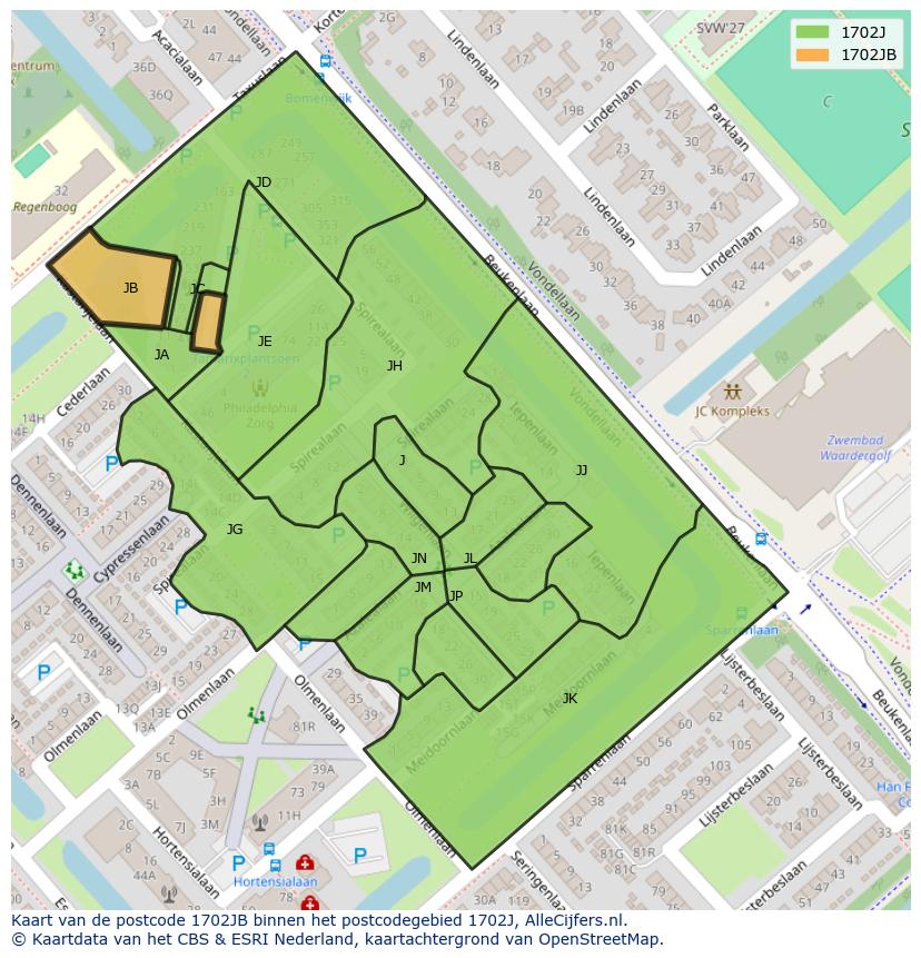 Afbeelding van het postcodegebied 1702 JB op de kaart.