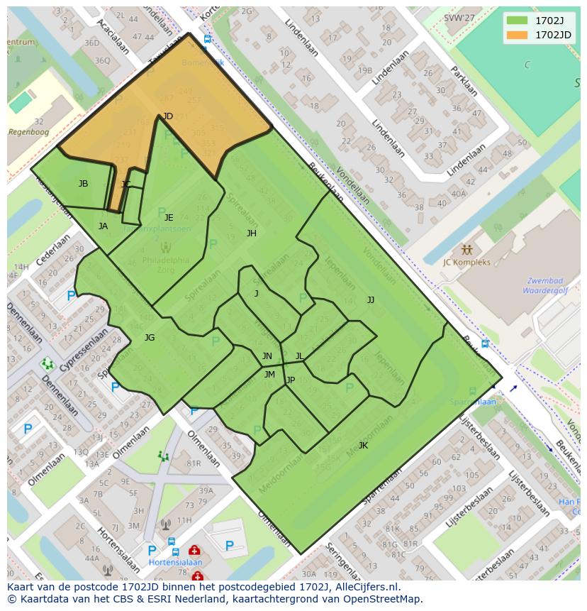 Afbeelding van het postcodegebied 1702 JD op de kaart.