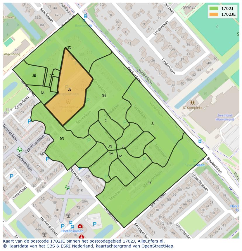 Afbeelding van het postcodegebied 1702 JE op de kaart.