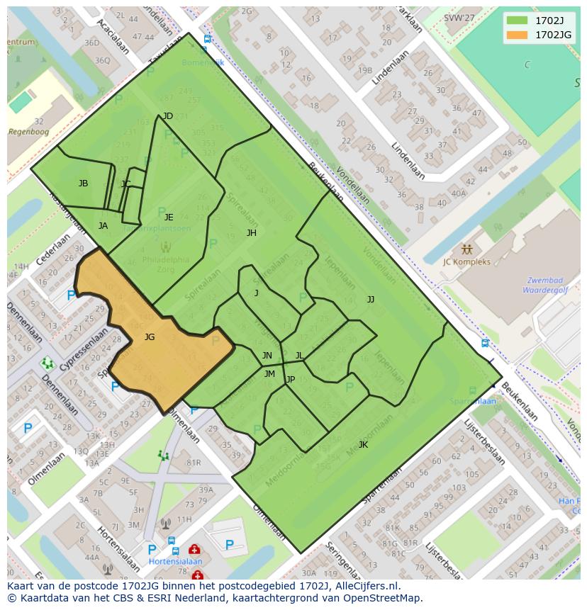 Afbeelding van het postcodegebied 1702 JG op de kaart.