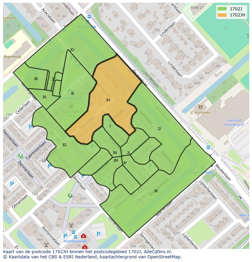 Afbeelding van het postcodegebied 1702 JH op de kaart.