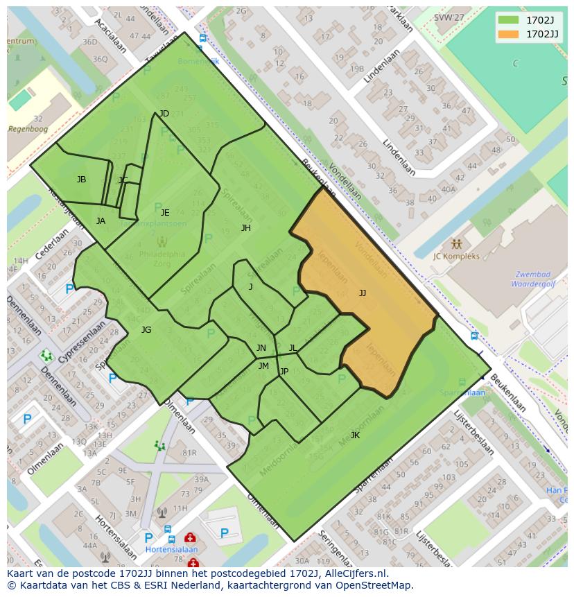 Afbeelding van het postcodegebied 1702 JJ op de kaart.