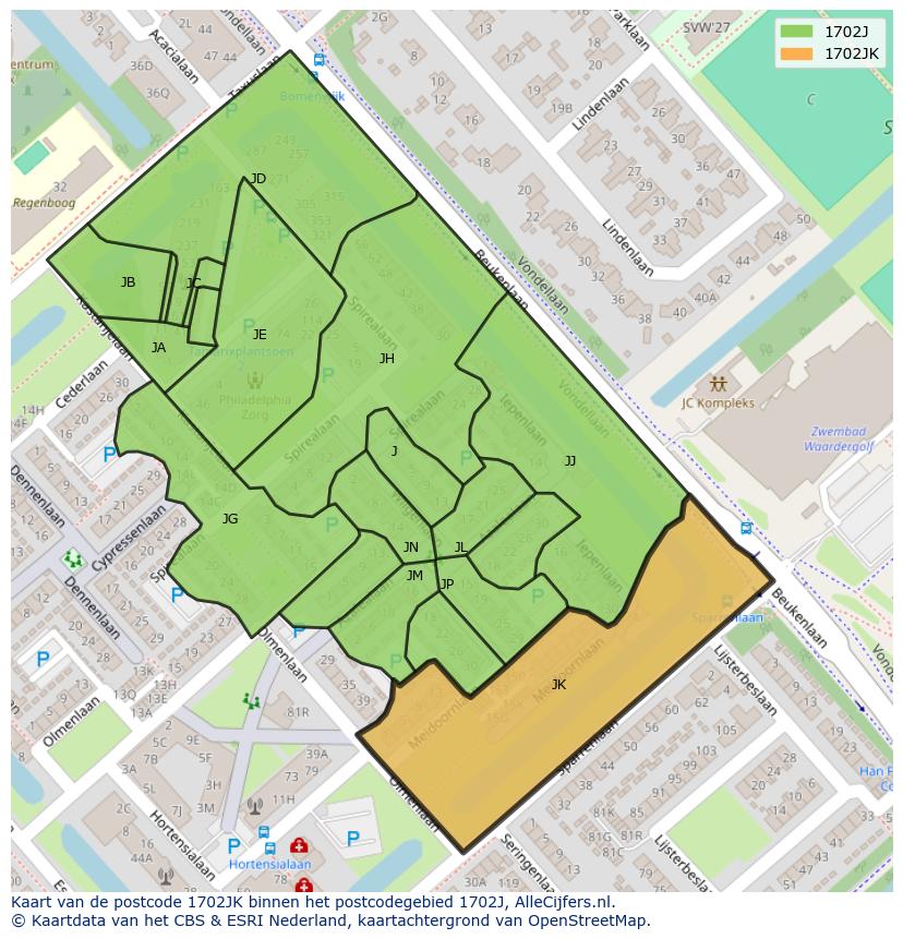 Afbeelding van het postcodegebied 1702 JK op de kaart.