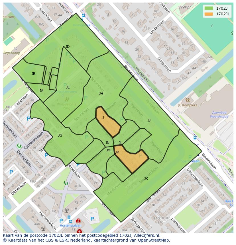 Afbeelding van het postcodegebied 1702 JL op de kaart.