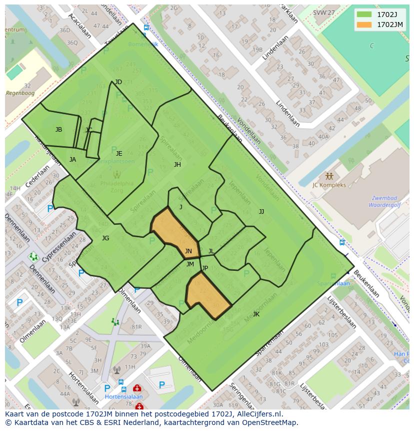 Afbeelding van het postcodegebied 1702 JM op de kaart.