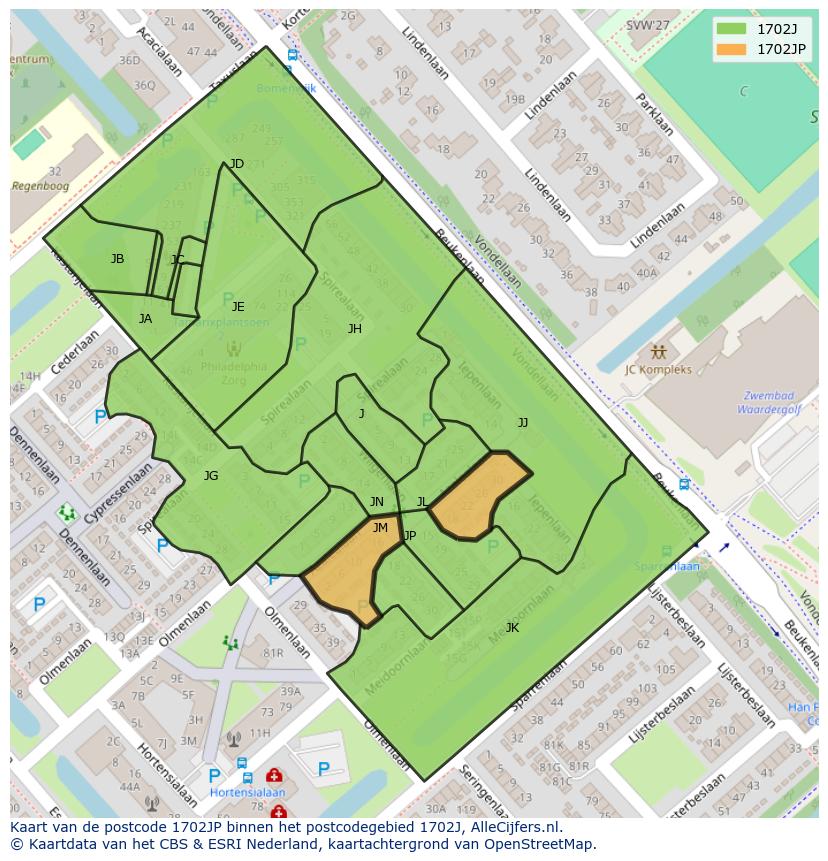 Afbeelding van het postcodegebied 1702 JP op de kaart.