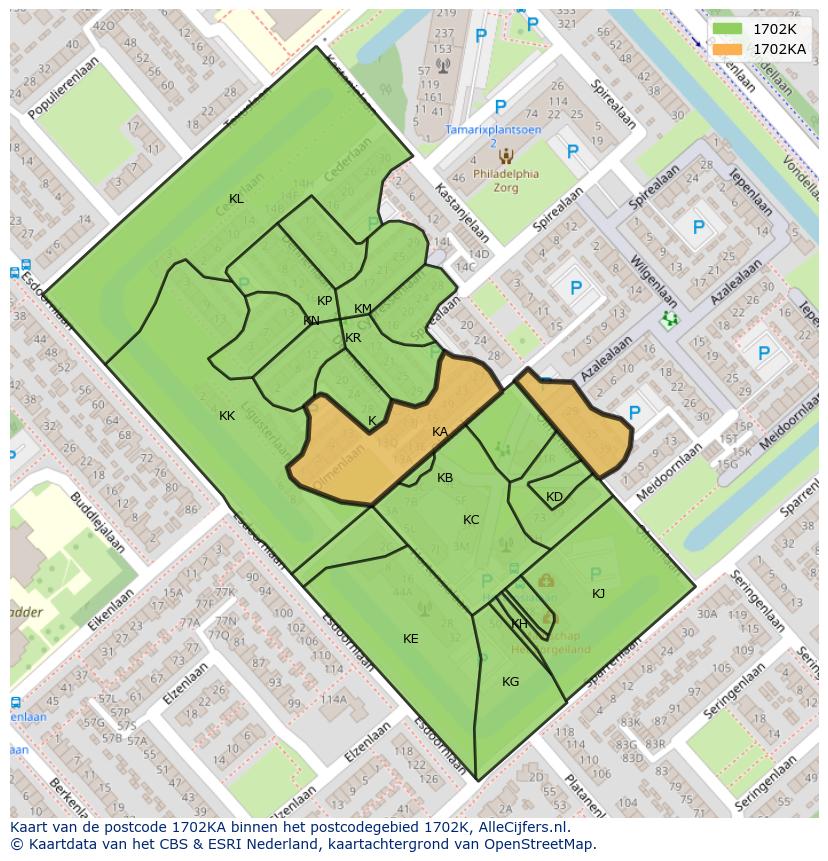 Afbeelding van het postcodegebied 1702 KA op de kaart.