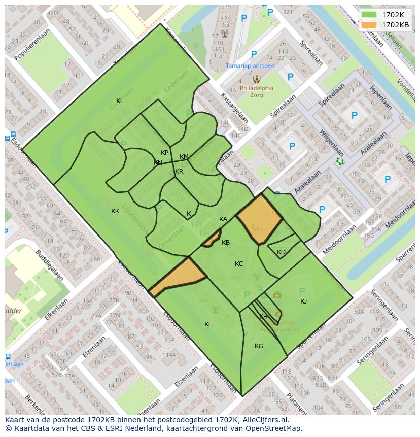 Afbeelding van het postcodegebied 1702 KB op de kaart.