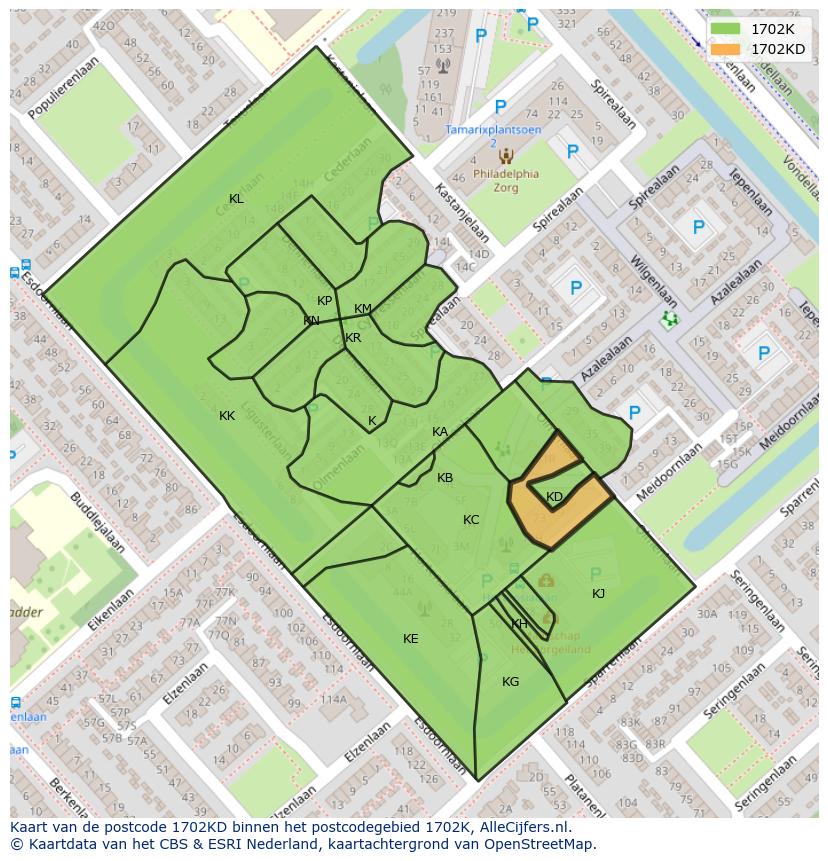 Afbeelding van het postcodegebied 1702 KD op de kaart.