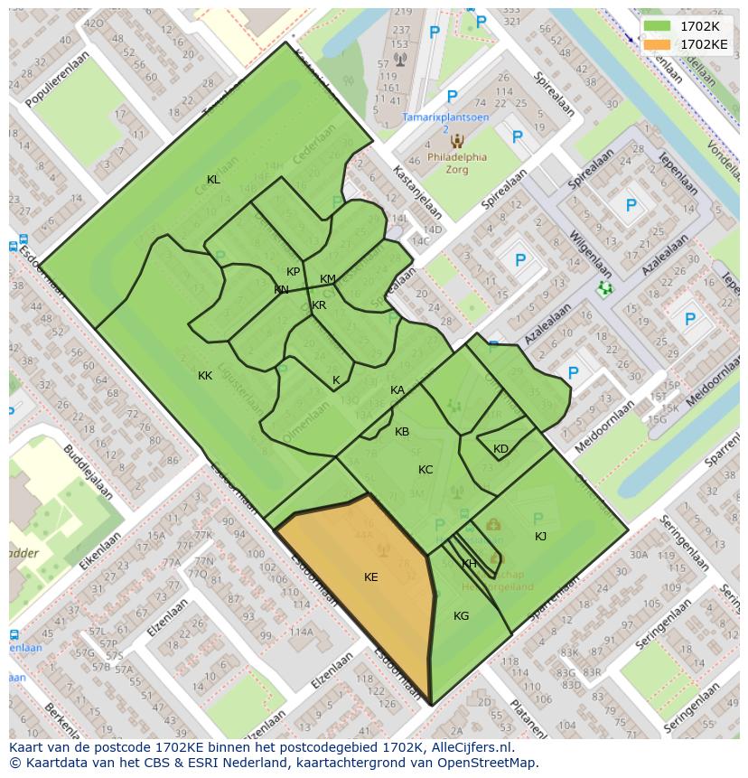 Afbeelding van het postcodegebied 1702 KE op de kaart.