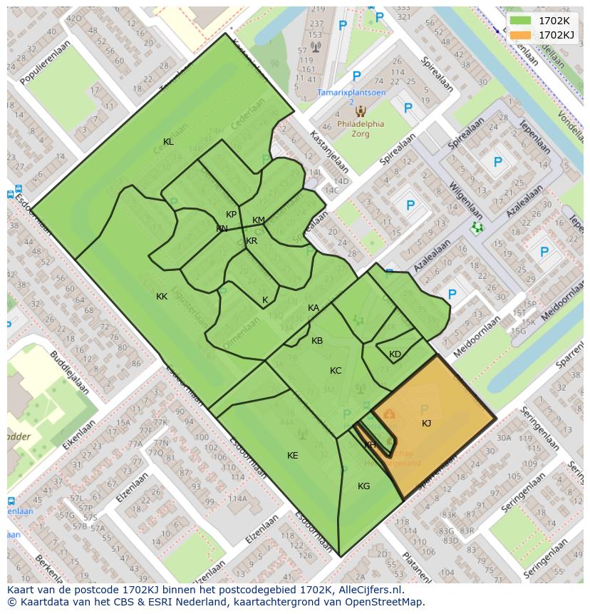 Afbeelding van het postcodegebied 1702 KJ op de kaart.
