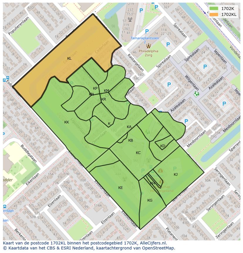 Afbeelding van het postcodegebied 1702 KL op de kaart.