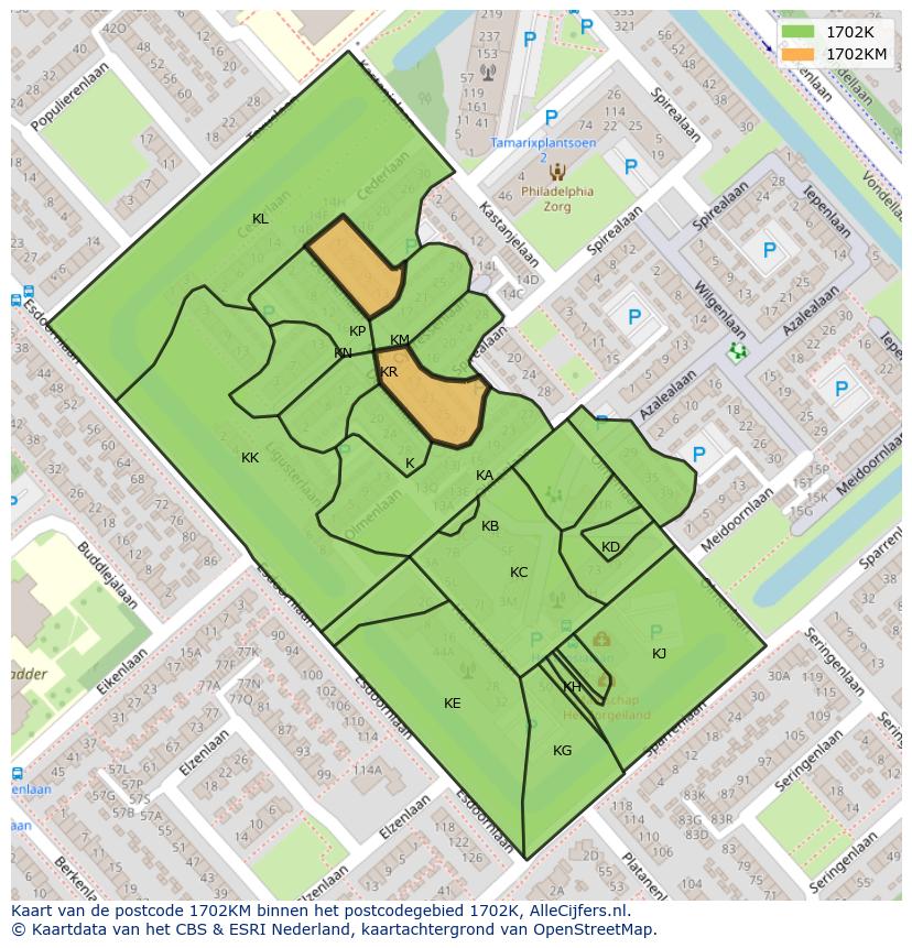 Afbeelding van het postcodegebied 1702 KM op de kaart.