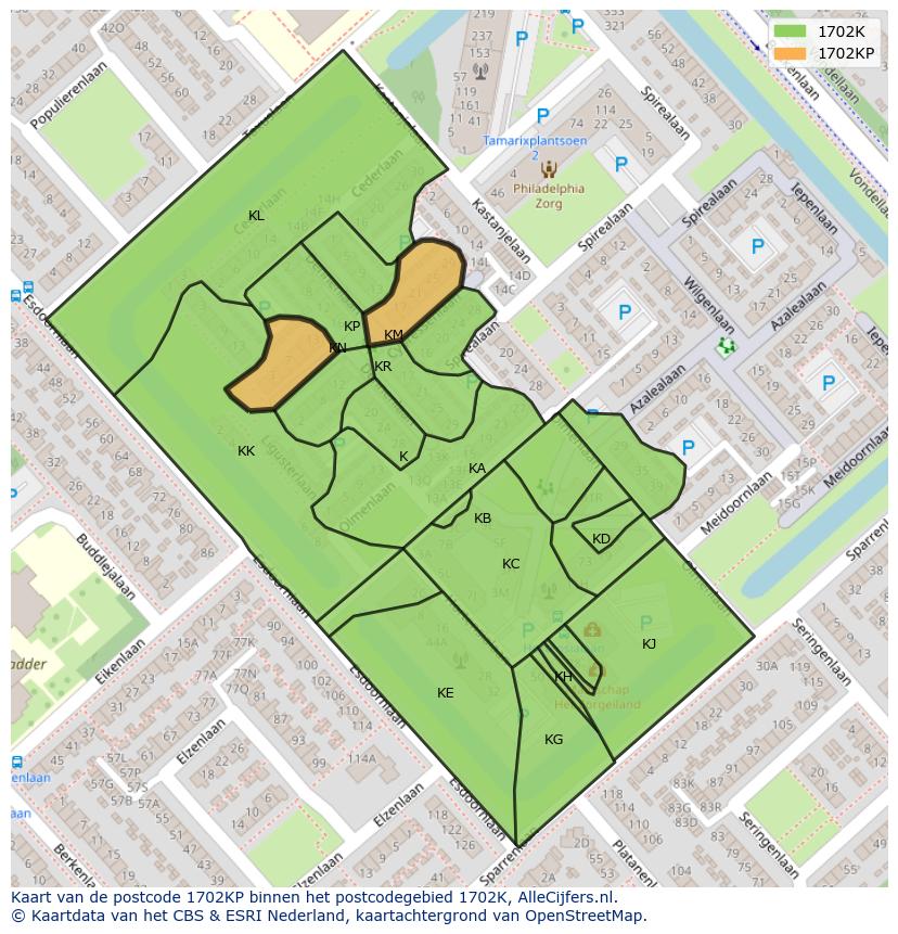 Afbeelding van het postcodegebied 1702 KP op de kaart.