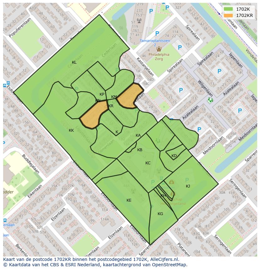 Afbeelding van het postcodegebied 1702 KR op de kaart.