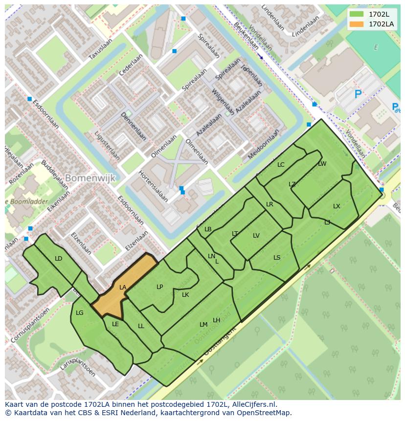 Afbeelding van het postcodegebied 1702 LA op de kaart.