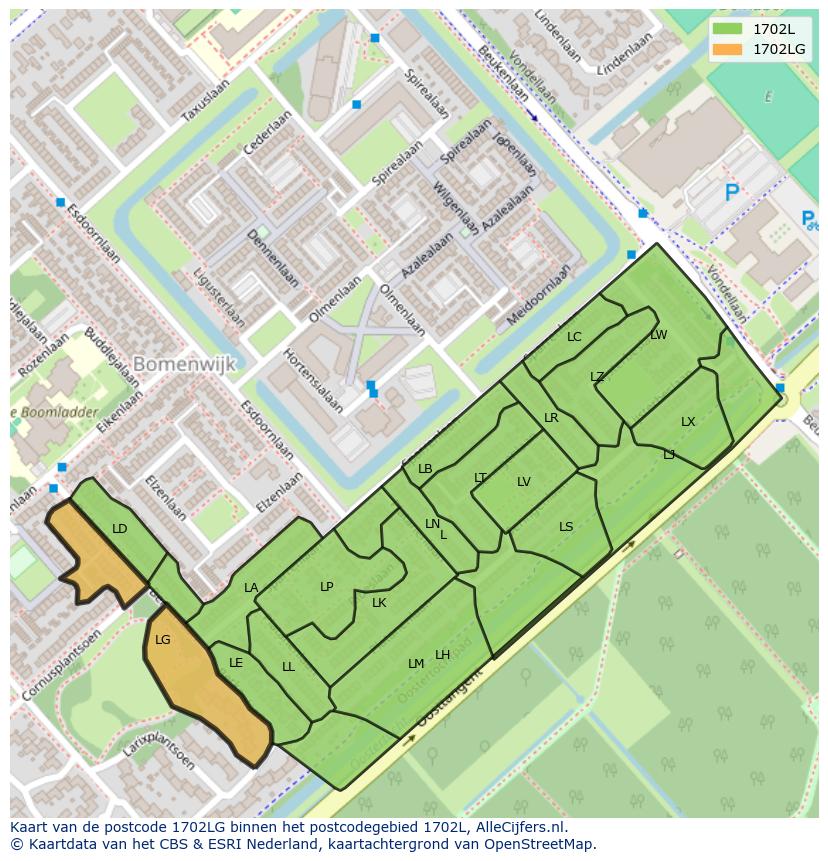 Afbeelding van het postcodegebied 1702 LG op de kaart.