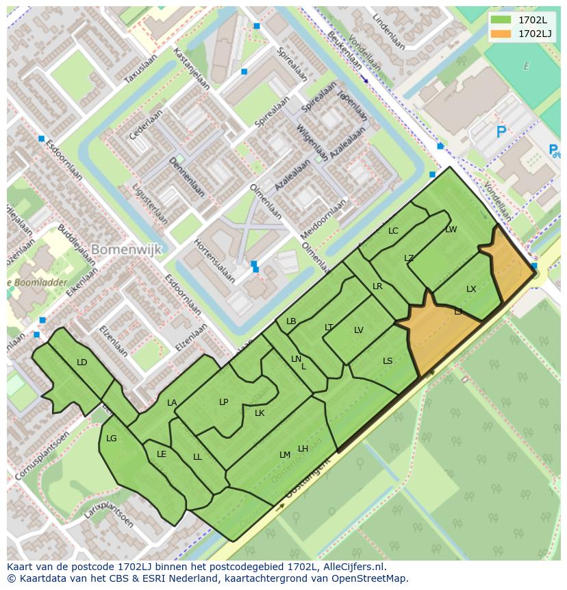 Afbeelding van het postcodegebied 1702 LJ op de kaart.