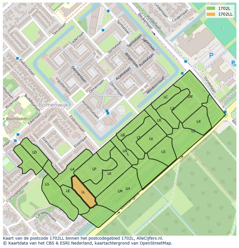 Afbeelding van het postcodegebied 1702 LL op de kaart.