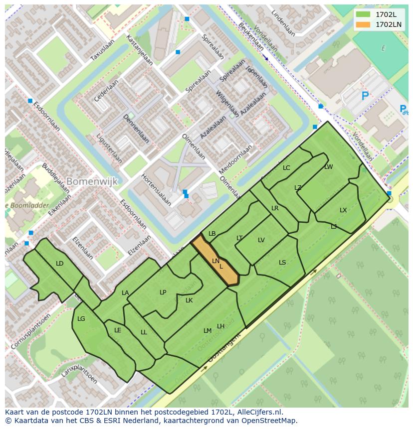 Afbeelding van het postcodegebied 1702 LN op de kaart.