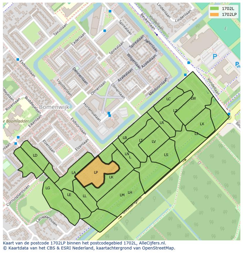 Afbeelding van het postcodegebied 1702 LP op de kaart.