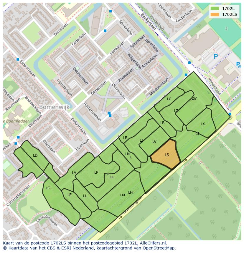 Afbeelding van het postcodegebied 1702 LS op de kaart.