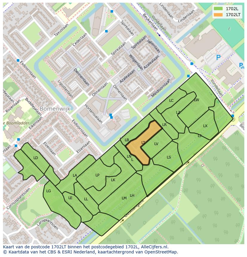 Afbeelding van het postcodegebied 1702 LT op de kaart.