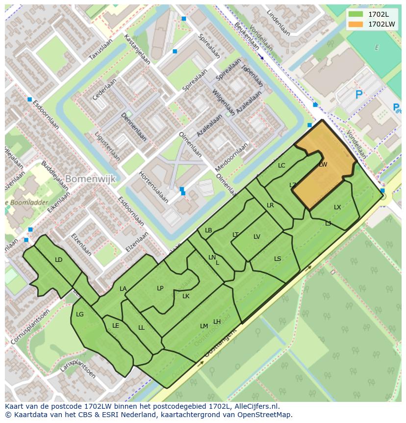 Afbeelding van het postcodegebied 1702 LW op de kaart.