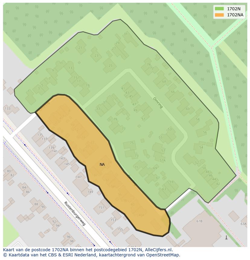 Afbeelding van het postcodegebied 1702 NA op de kaart.