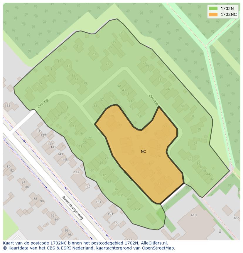 Afbeelding van het postcodegebied 1702 NC op de kaart.