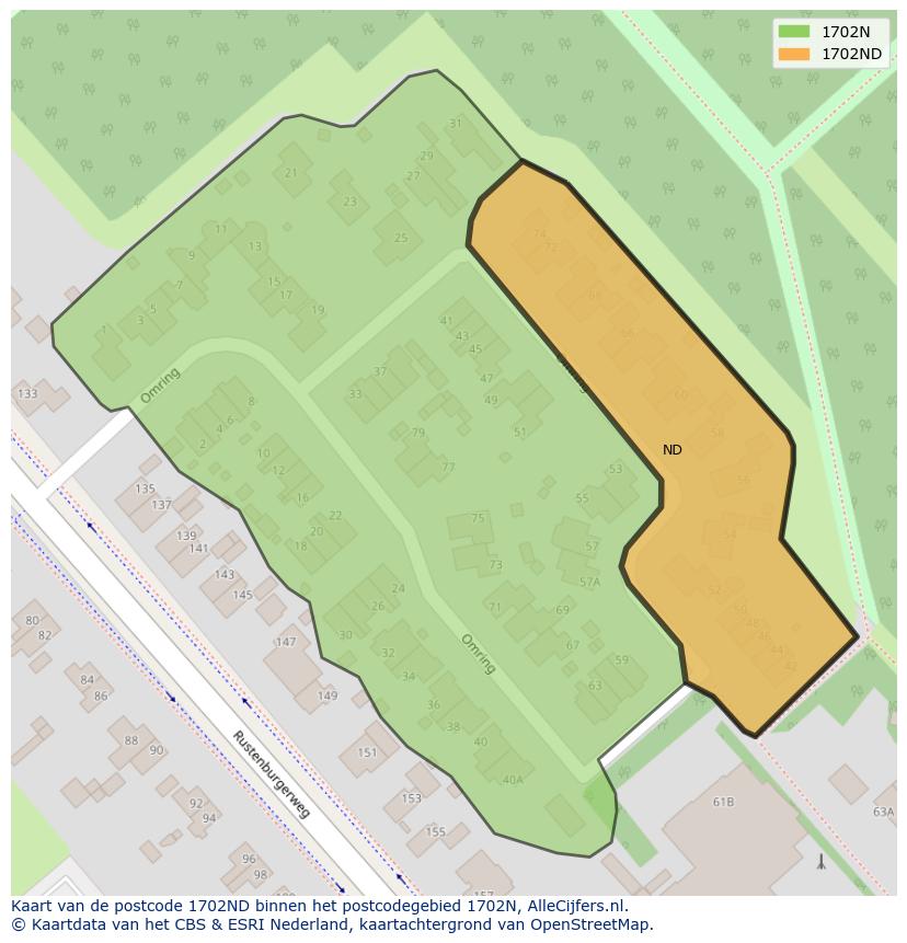 Afbeelding van het postcodegebied 1702 ND op de kaart.