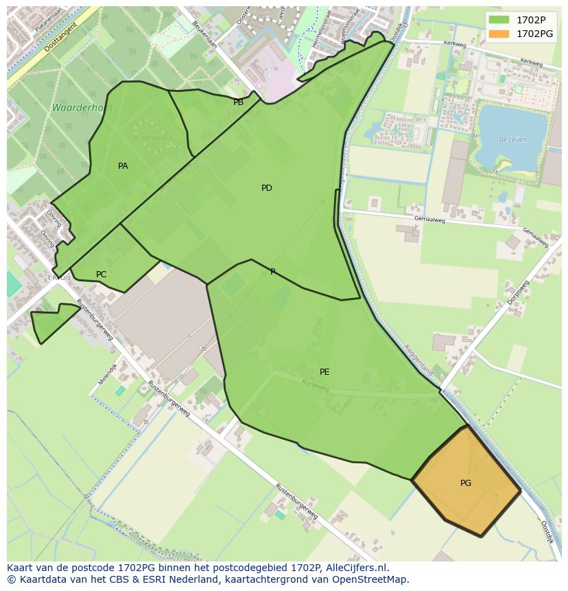 Afbeelding van het postcodegebied 1702 PG op de kaart.
