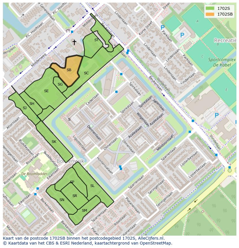 Afbeelding van het postcodegebied 1702 SB op de kaart.