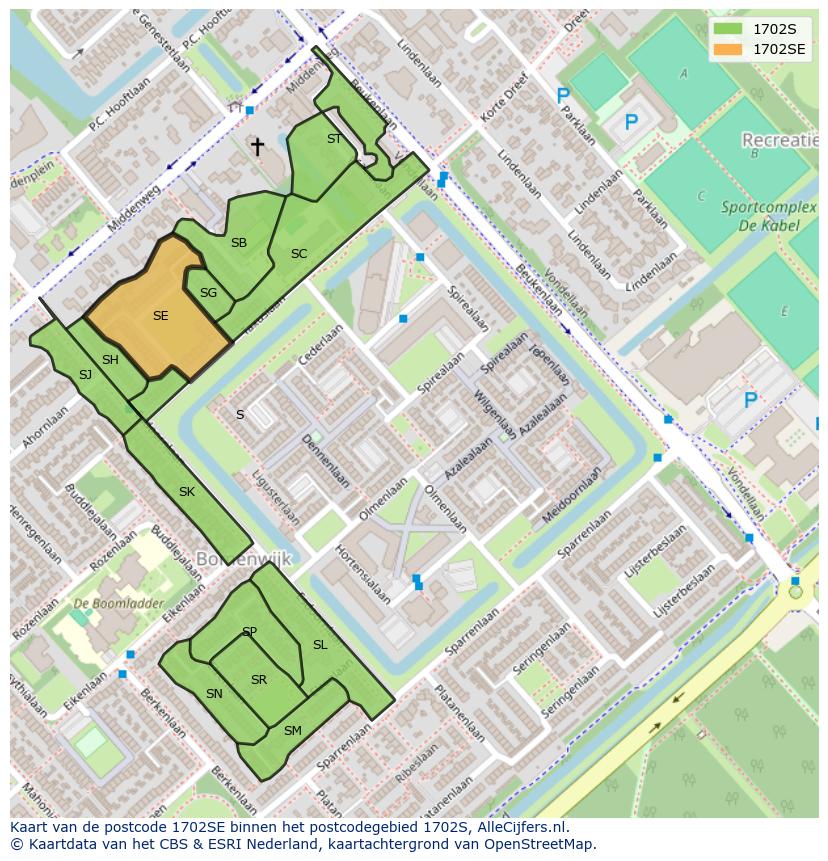 Afbeelding van het postcodegebied 1702 SE op de kaart.
