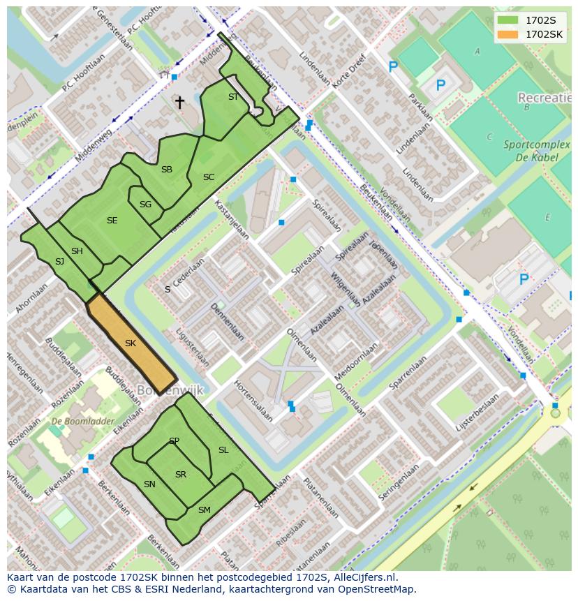 Afbeelding van het postcodegebied 1702 SK op de kaart.