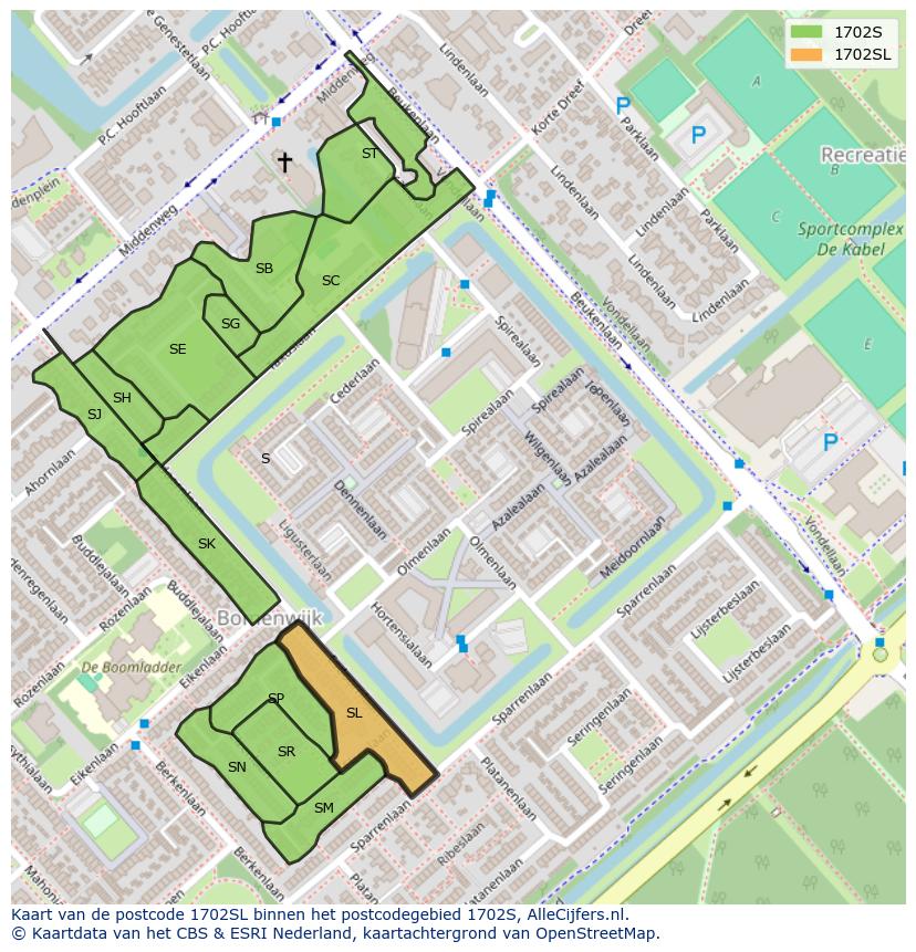 Afbeelding van het postcodegebied 1702 SL op de kaart.