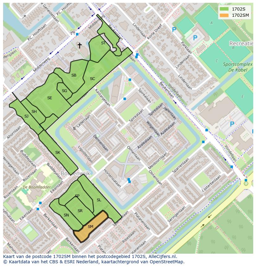 Afbeelding van het postcodegebied 1702 SM op de kaart.